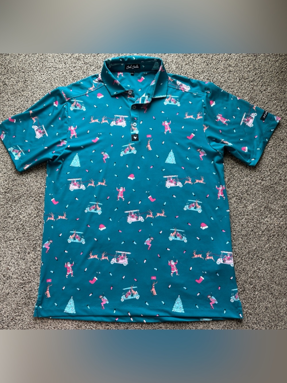 Bad Birdie Teal Christmas Print Polo Shirt with Holiday Motifs